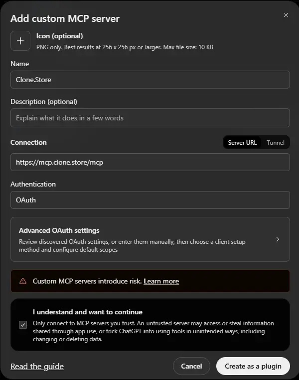 Add custom MCP server dialog in ChatGPT with the name set to Clone.Store and the URL https://mcp.clone.store/mcp